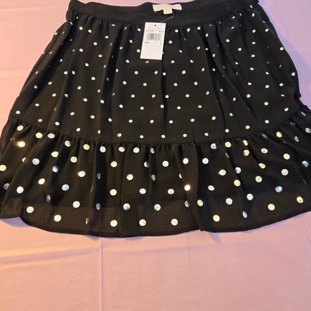 Michael Kors Black/Silver Polka Dot Tiered Skirt Size Large NWT